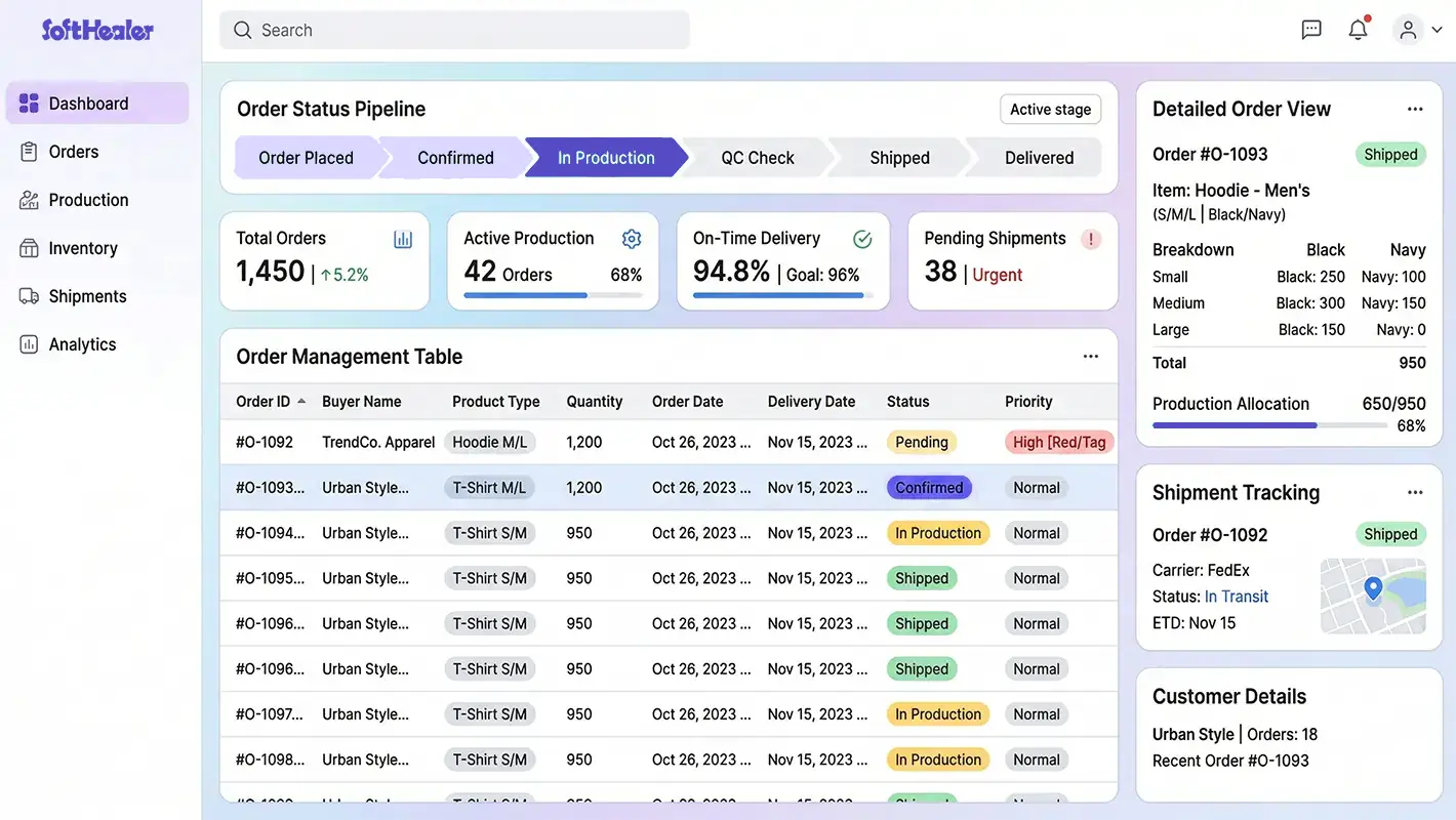 ERP system displaying order tracking and status pipeline
