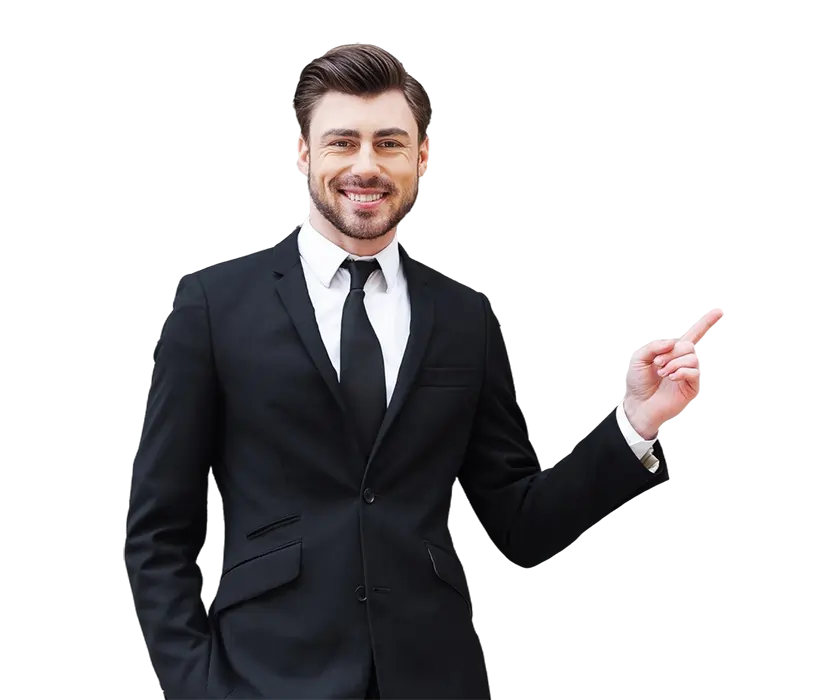Thoughtful young man in formalwear pointing to space outdoors, suggesting Odoo ERP as an ideal business solution