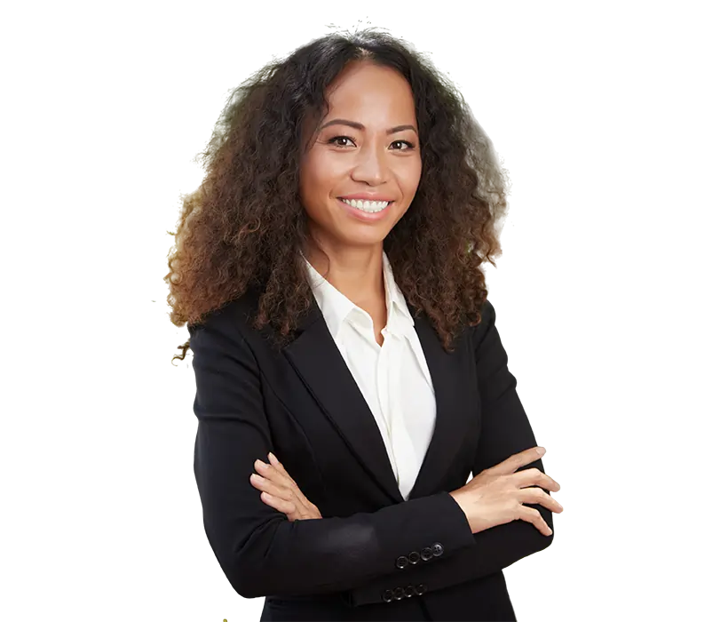 Professional Brazilian woman smiling confidently at the camera in a business setting.