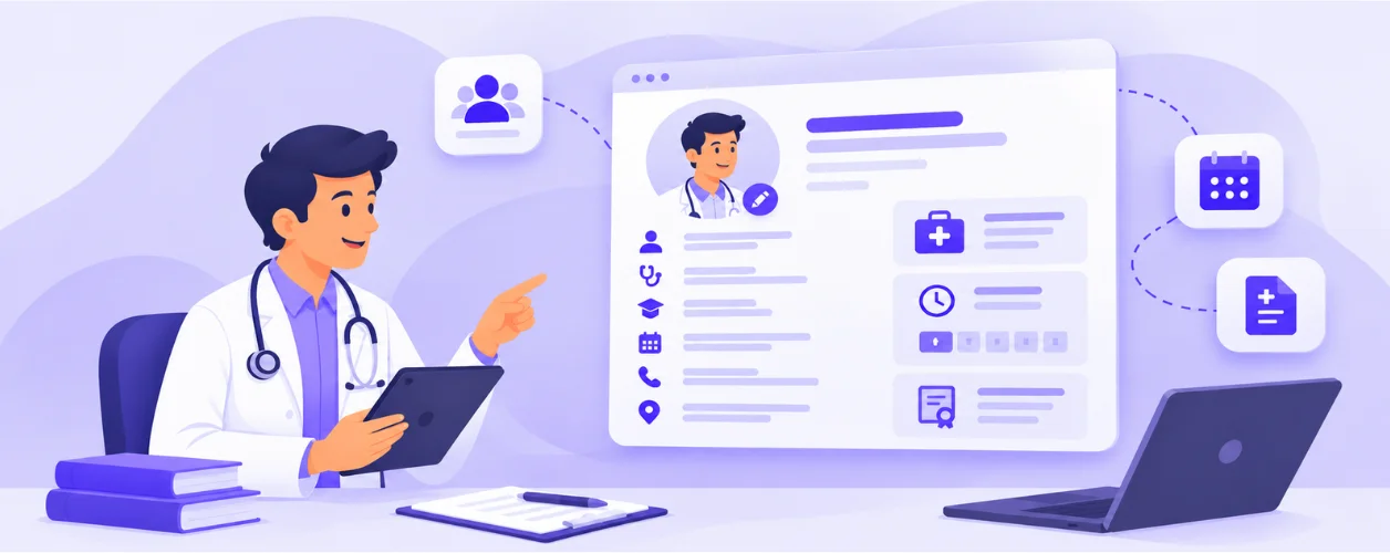 Doctor profile showing specialties, contact details, and consultation information.