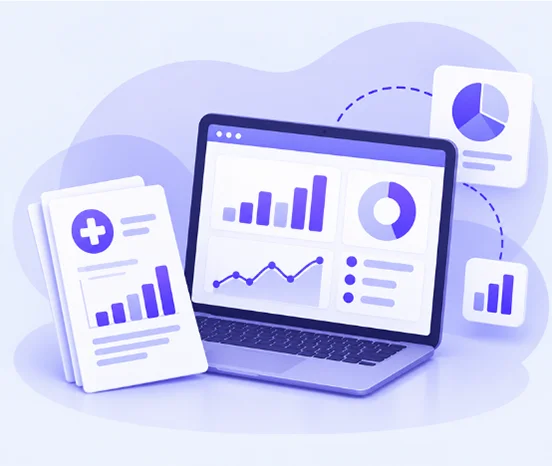 Clinic management reports available for export in PDF and Excel formats.