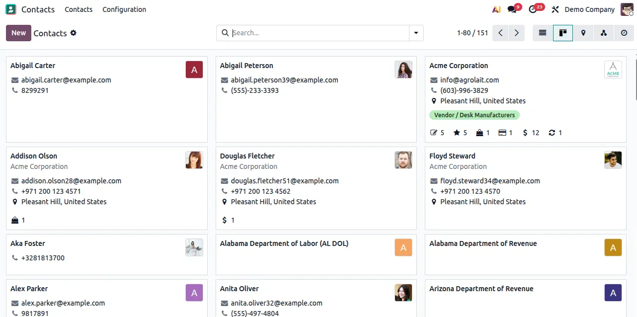 CRM contacts dashboard displaying customer profiles, emails, phone numbers, company details, and contact management records.