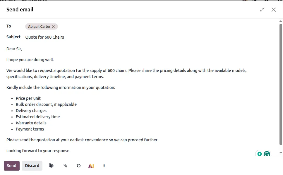 CRM email composer showing quotation request, customer communication, pricing details, delivery terms, and sales inquiry management.
