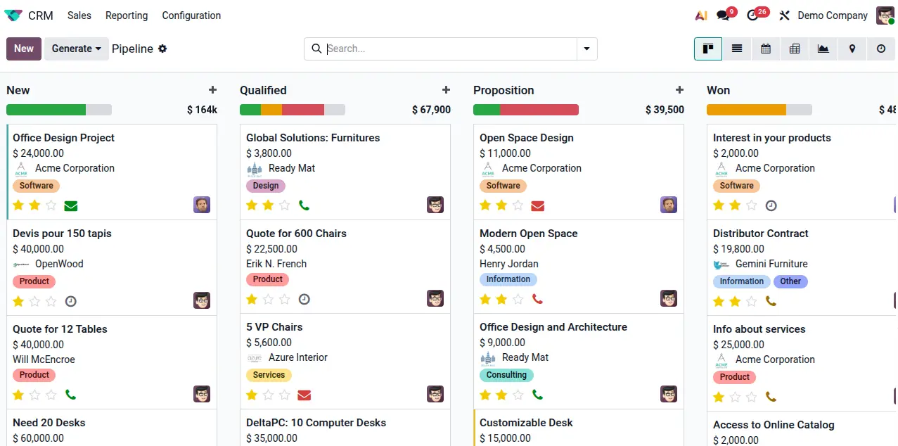 Odoo CRM dashboard showing sales pipeline, lead tracking, quotations, and automated customer management workflow