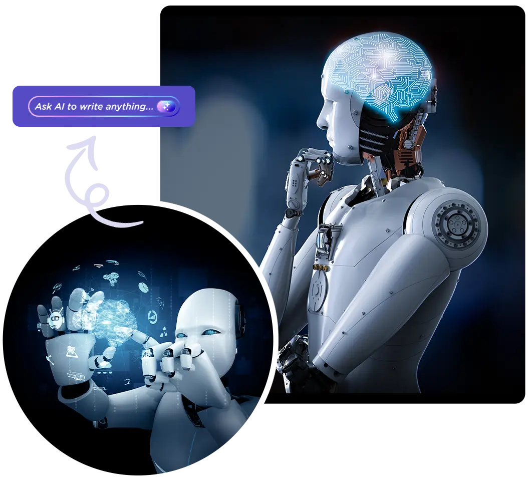 AI brain 3D rendering, humanoid robot with hologram, and AI buttons icon for FAQ section
