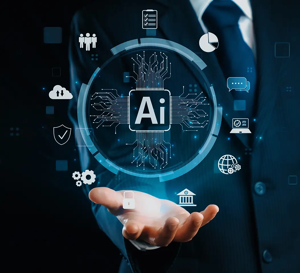 Human interacting with an artificial intelligence brain representing generative AI across industries