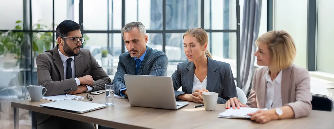 Finance professionals in a business meeting discussing investment strategies, giving feedback, and planning online with teamwork and collaboration.