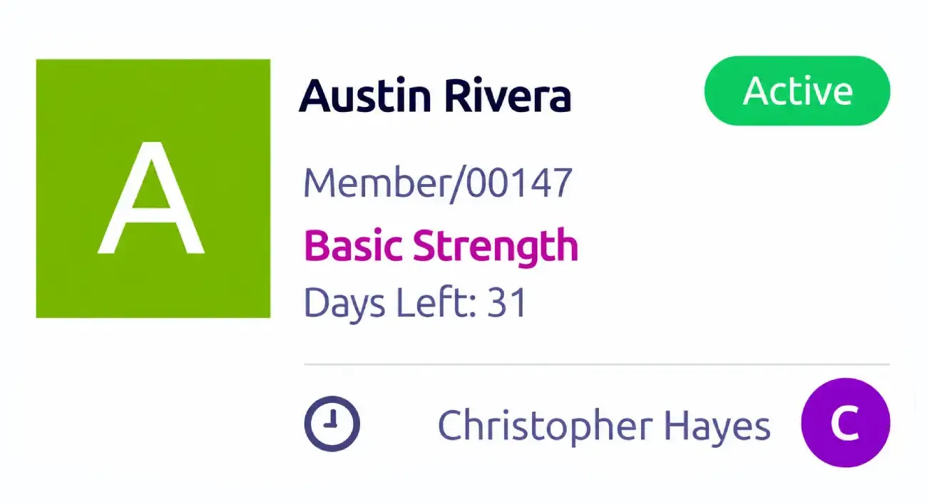 Gym member information, such as name, active plan name, member ID, and days left until the current plan expires