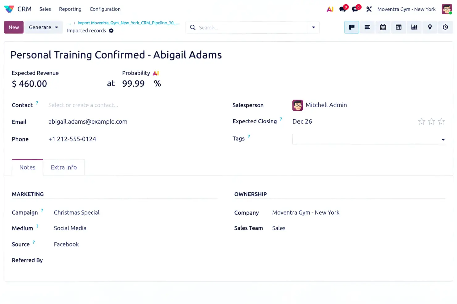Gym CRM lead profile showing expected revenue, probability, contact details, campaign, and salesperson