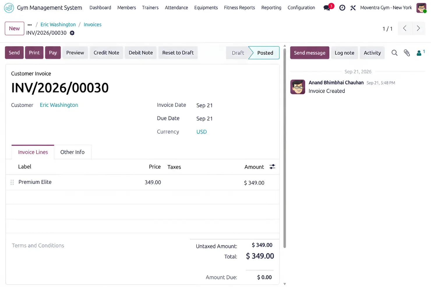 Gym billing dashboard showing customer invoice, personal training charges, payment status, dates, and total amount