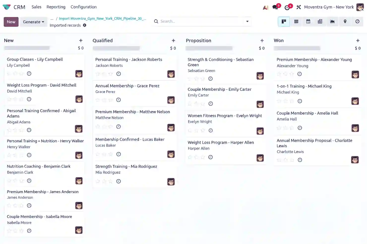 Gym CRM pipeline showing new, qualified, proposition, and won membership leads