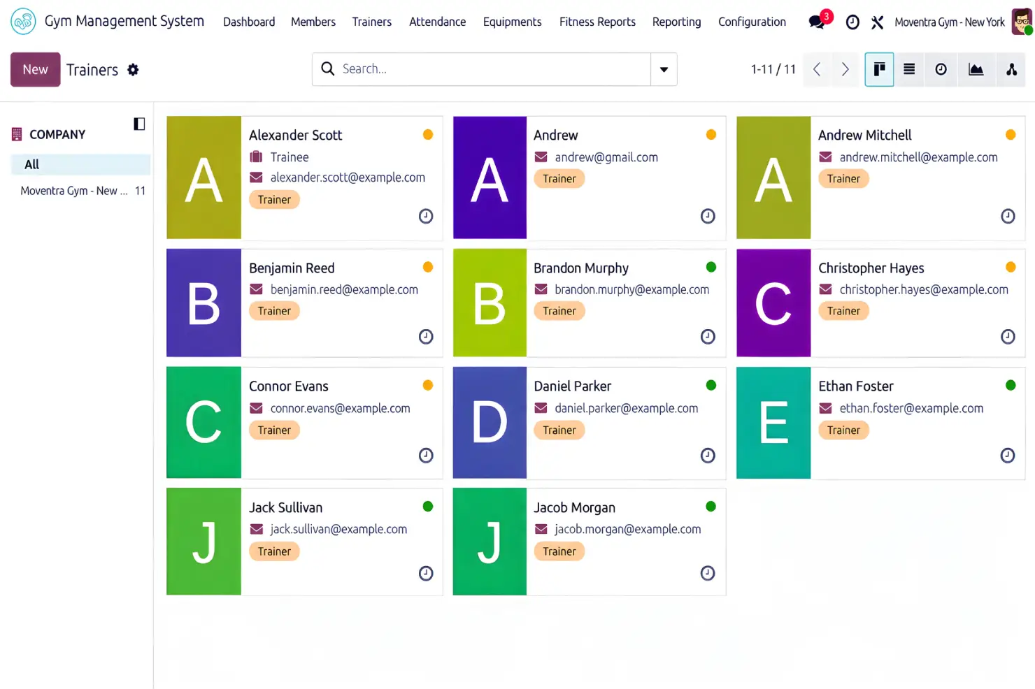 Gym trainer management interface showing trainer profile, role, email, and availability