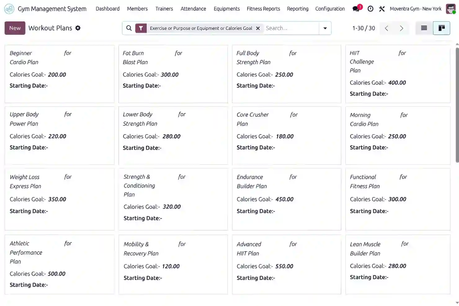 Workout Plans dashboard showing fitness programs, calorie goals, and starting dates