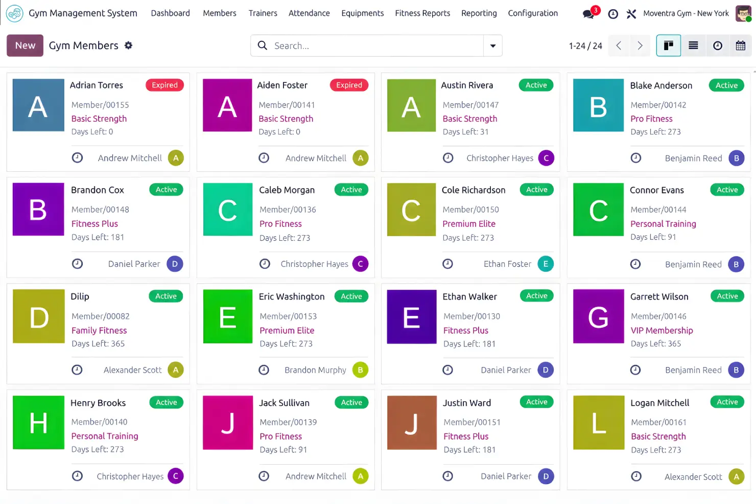 Gym member management dashboard showing active and expired    members, plans, IDs, and membership durations