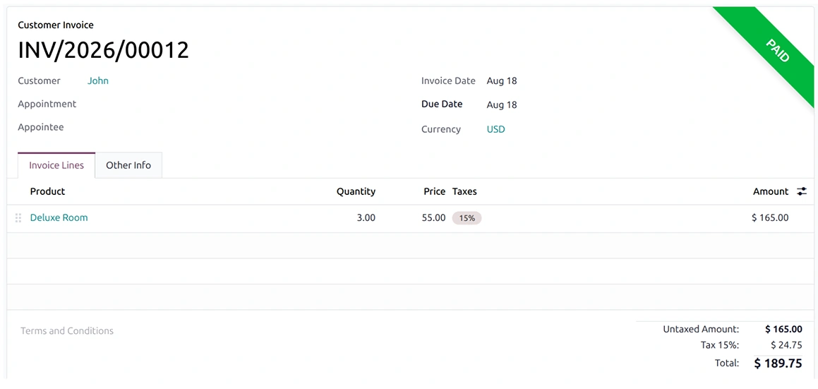 Hotel billing dashboard displaying customer invoice and payment details