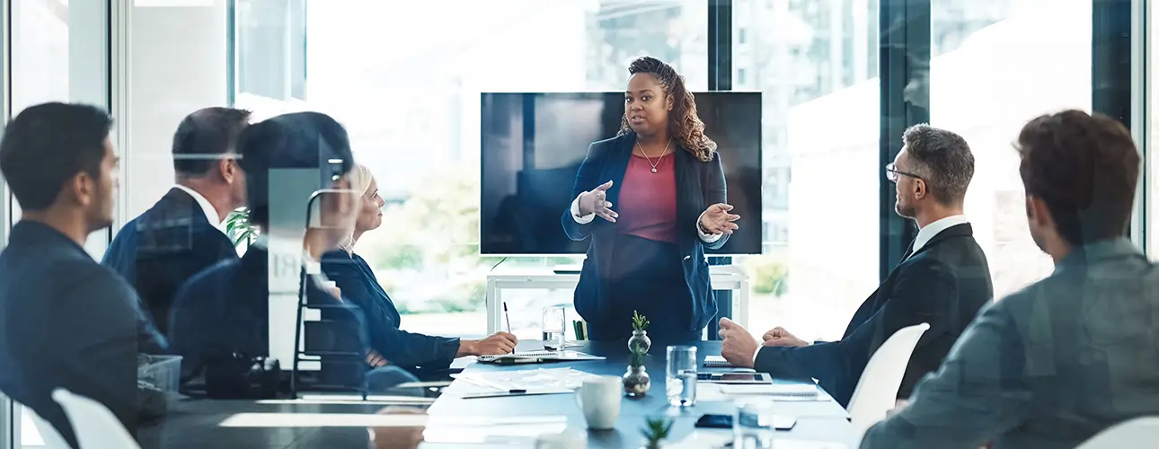 Finance professionals in a business meeting discussing investment strategies, giving feedback, and planning online with teamwork and collaboration.