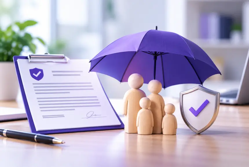 Insurance policy document, protected family models, umbrella, and security shield on office desk.