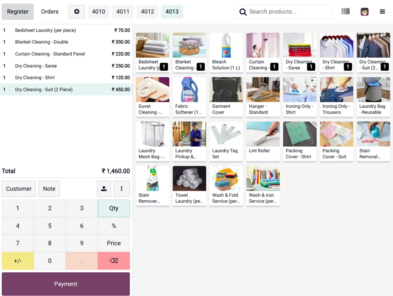 Laundry management POS interface with product selection and payment options