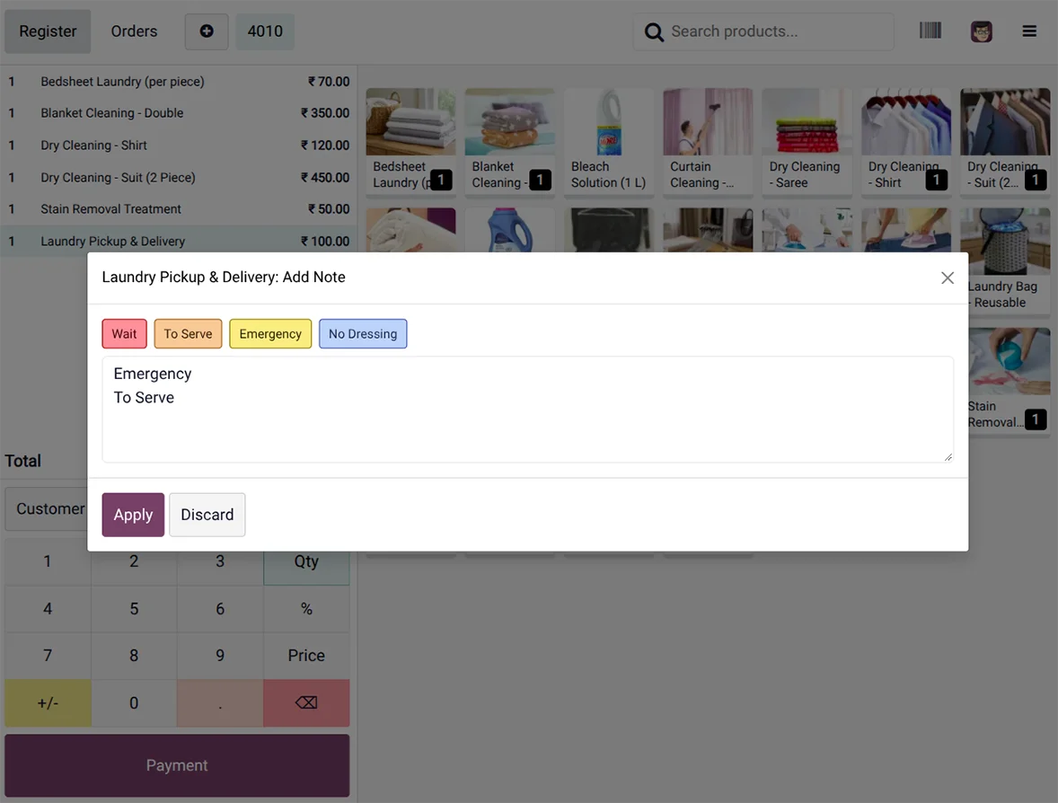 Laundry POS order notes interface for recording special service instructions
