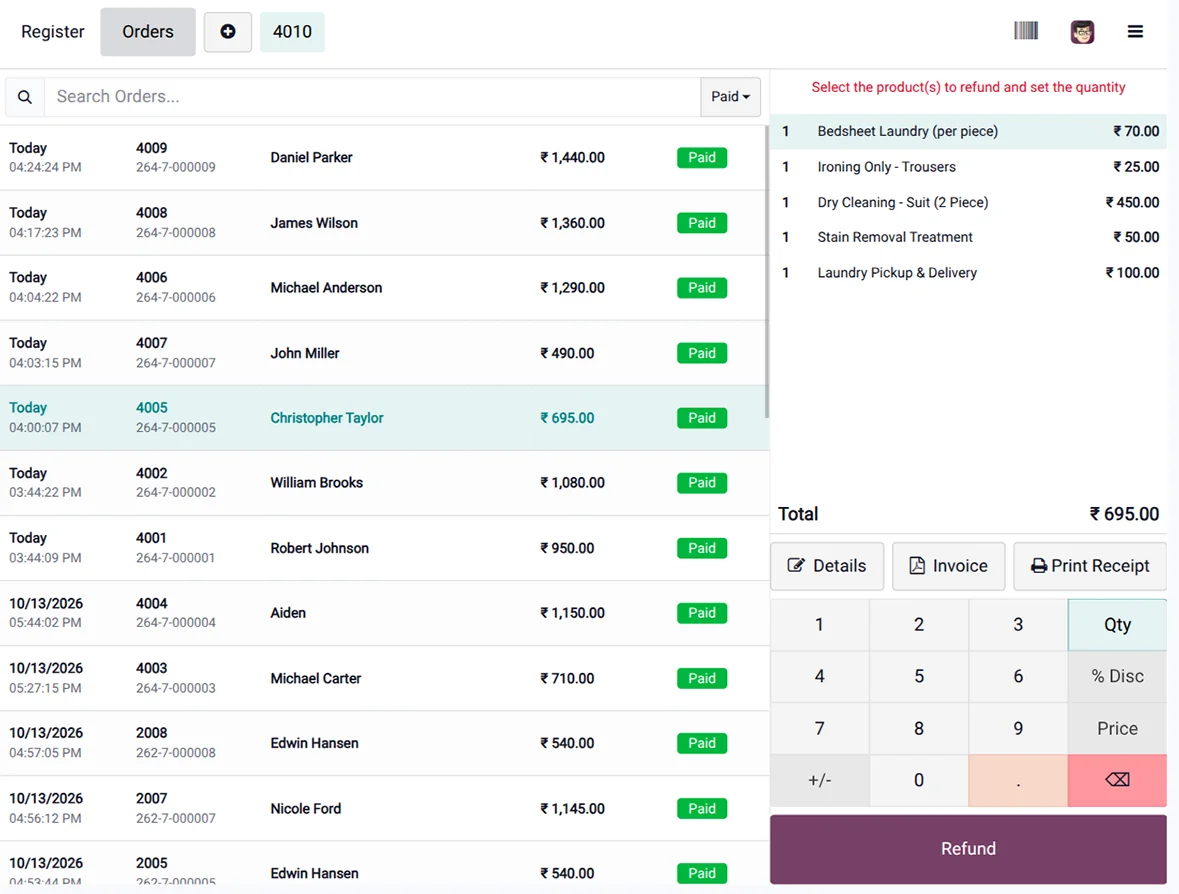 Laundry order management dashboard displaying order numbers, customers, statuses, and totals