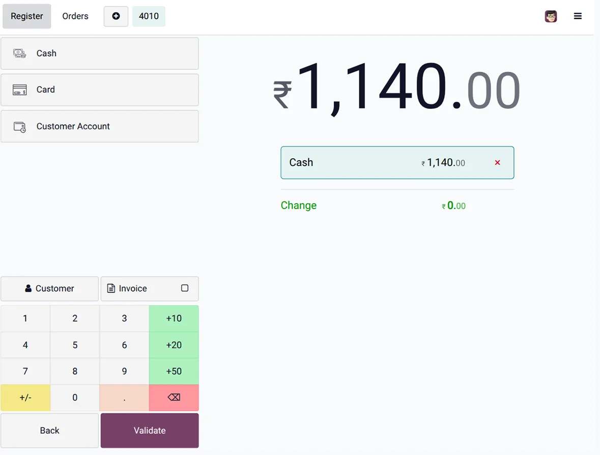 Laundry POS payment screen showing cash transactions, amounts, and change
