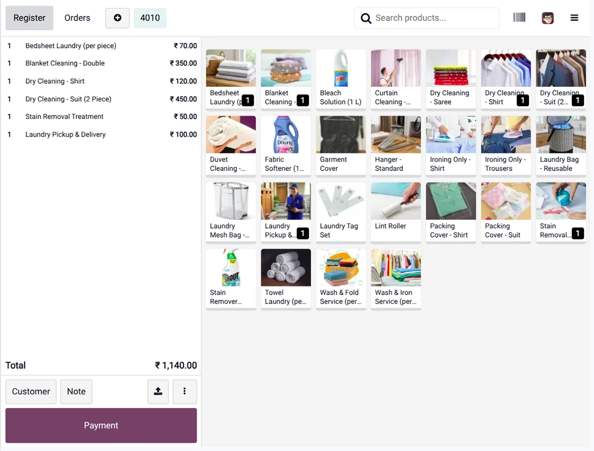 Laundry POS interface displaying cleaning services, product prices, and payment options