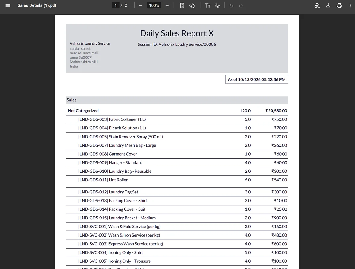 Laundry sales reports showing daily transactions, product quantities, and revenue