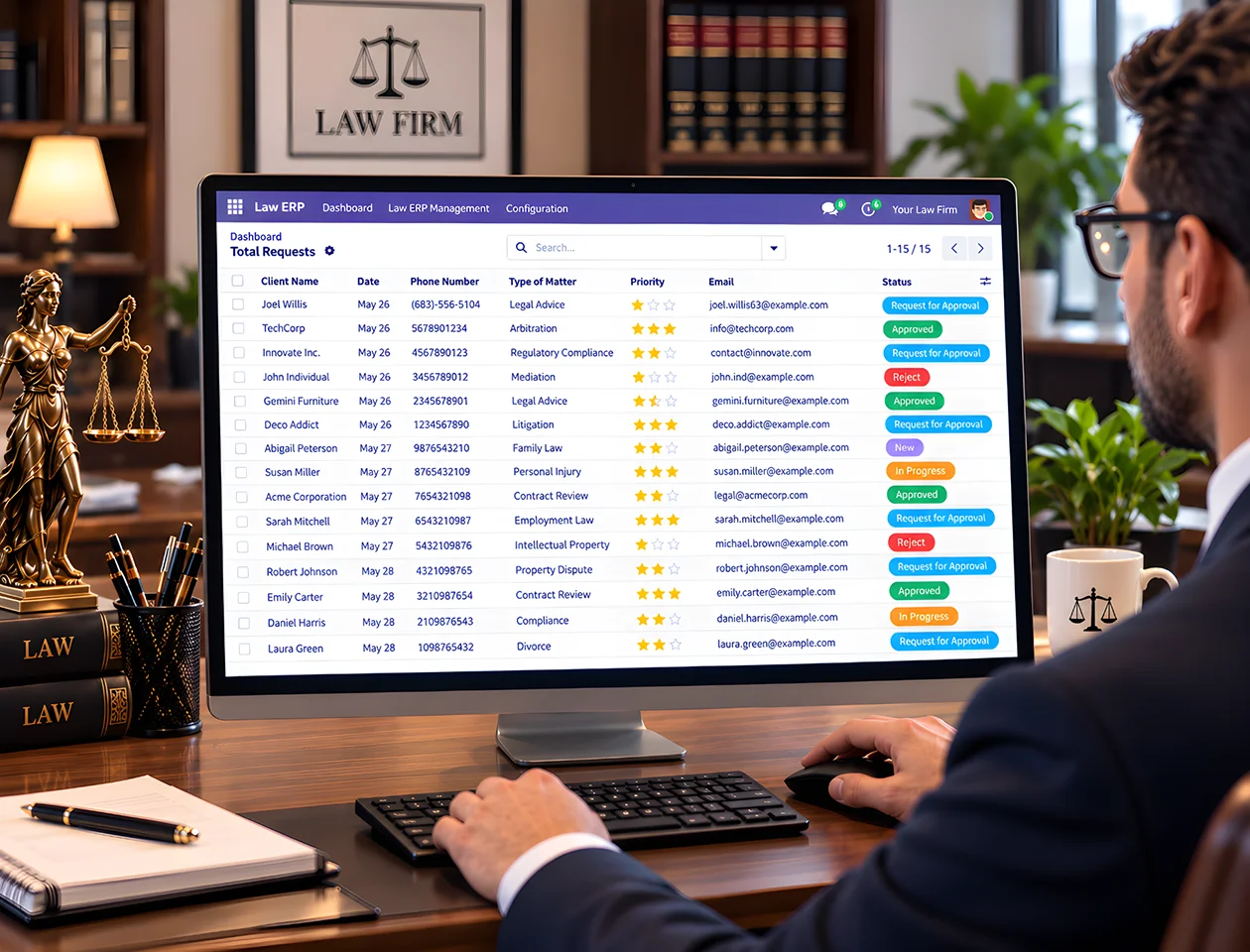 Law firm desktop displaying a Law ERP dashboard for managing client requests and legal matters