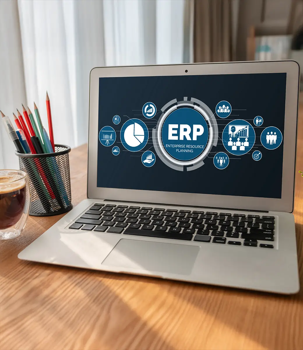 Illustration of ERP modules including finance, procurement, manufacturing, and inventory, highlighting the power of Odoo ERP development.
