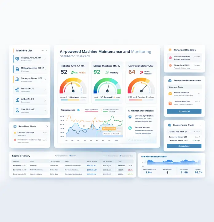 Predictive machine maintenance software for manufacturing with real-time monitoring and alerts