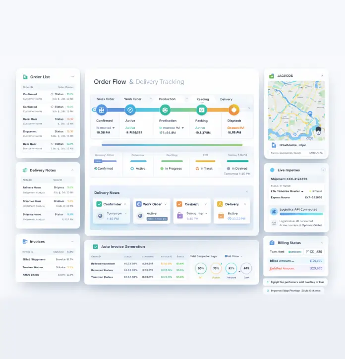 Manufacturing order management and delivery tracking system integrated with production workflow