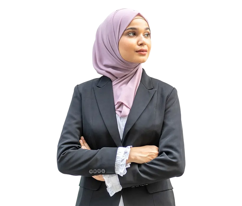 Portrait of a young Omani businesswoman looking away confidently, reflecting business growth and success achieved through Odoo ERP software solutions