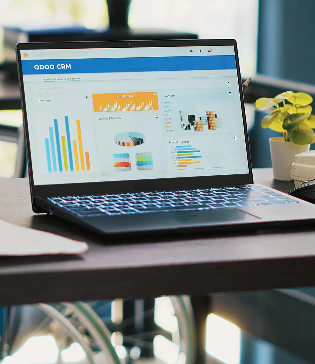 Business analysis with a dashboard showcasing Odoo ERP benefits for Saudi companies.