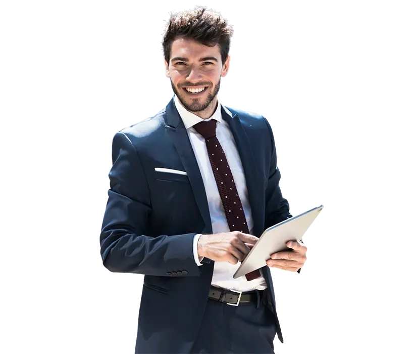 Smiling businessman using a tablet representing digital transformation of business with Odoo ERP services