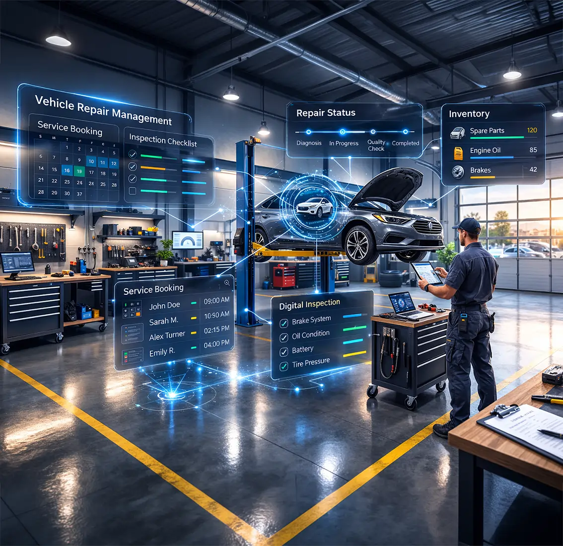 Vehicle repair management system dashboard for garage operations
