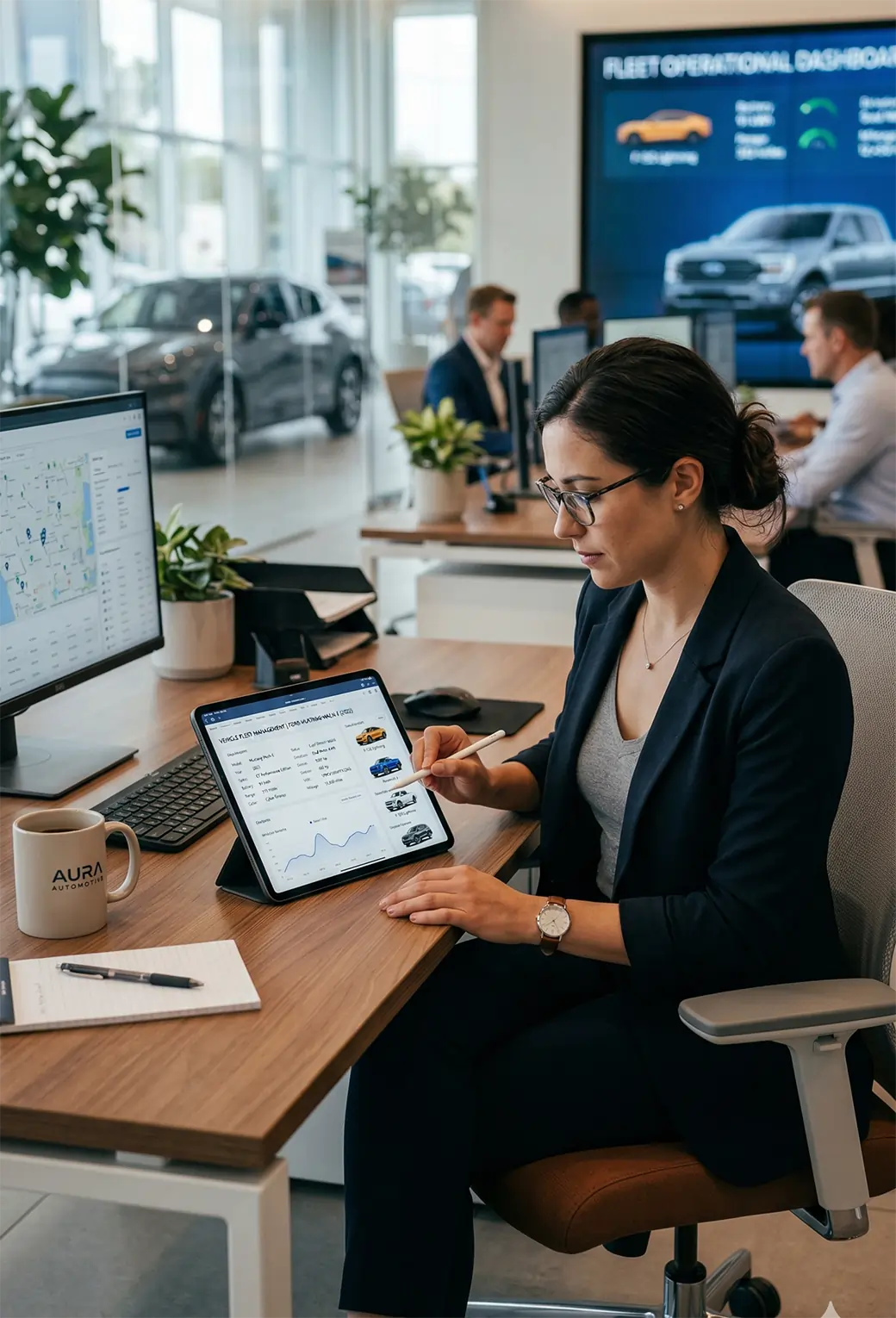 Professional using a digital dashboard to manage vehicle trade operations
