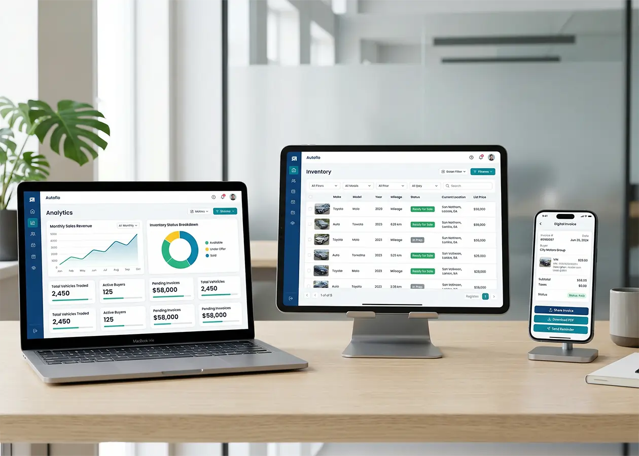 Multi-device setup showing a vehicle trade management system