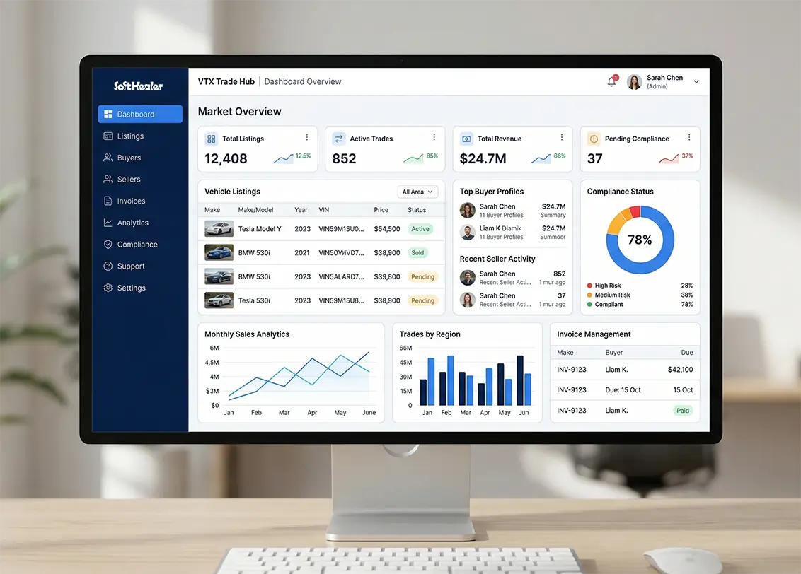 Professional dashboard showing vehicle listings and analytics on desktop screen