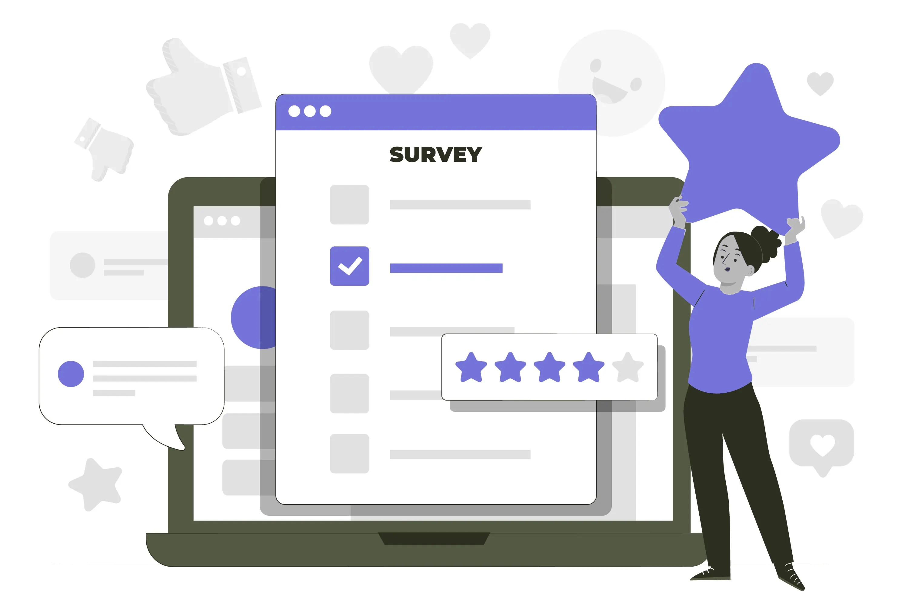 Zoho survey: Graphic showing survey creation and analysis